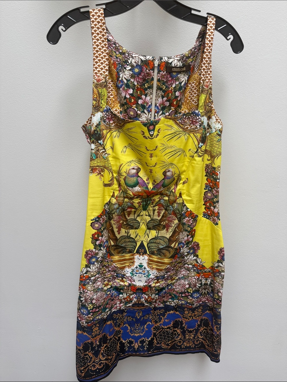 Roberto Cavalli Yellow Floral & Bird-Print Sleeveless Mini Dress